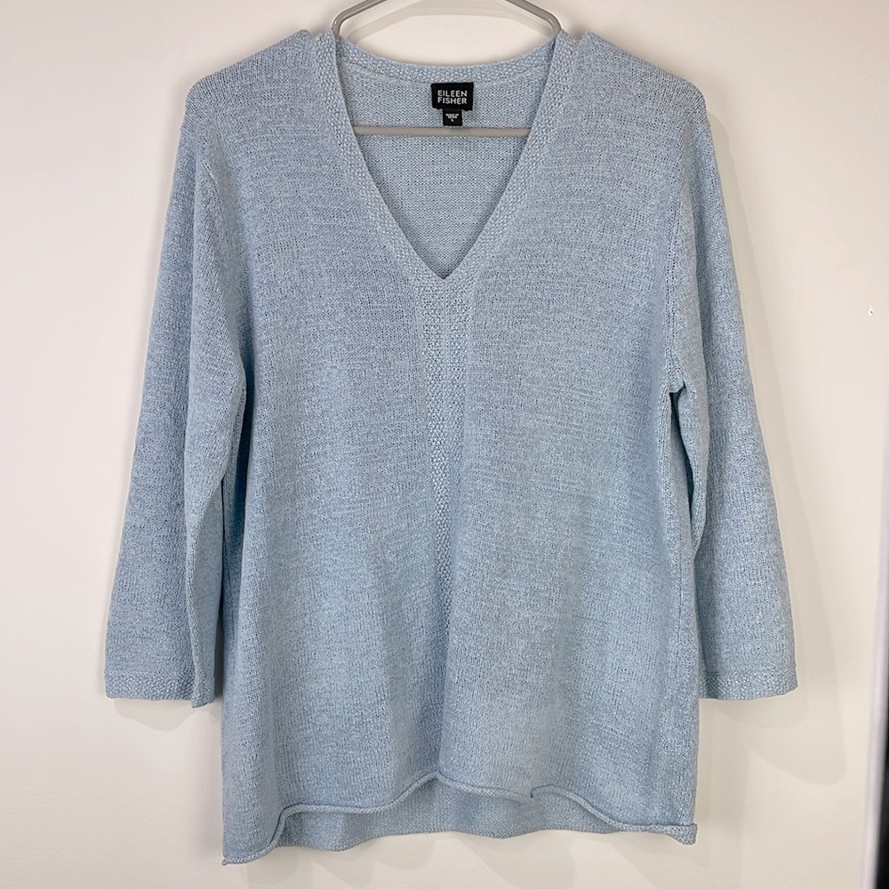 Eileen Fisher Silk Blend Baby Blue Knit Coastal Casual Lightweight Sweater Sz L